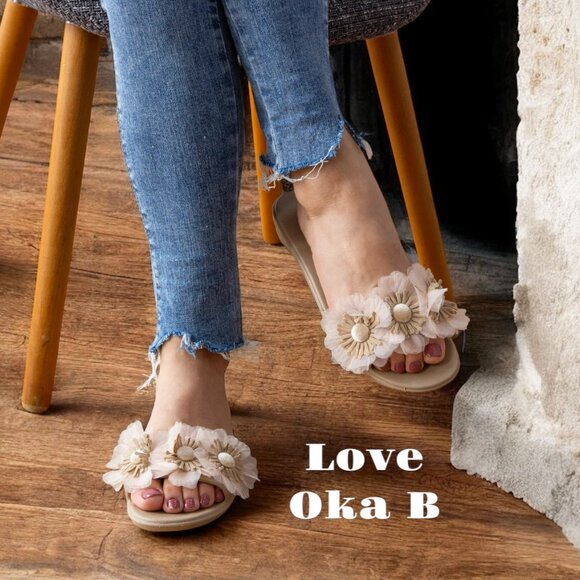OKA b. Shoes - Oka B Catalina Pretty Comfort Flex Sole w Pale Pink Tool & Daisy Slide Sandals